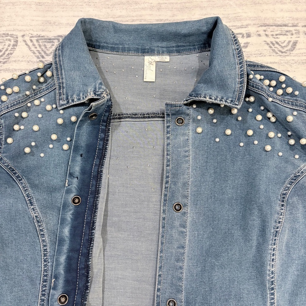 Glam Vintage Pearl Chic Denim Jean Stretchy Jacket Feminine Western Y2K Large - Picture 8 of 15